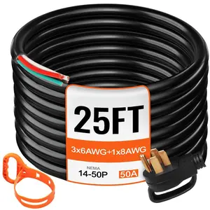 SummerWinsVEVOR 25' 50A RV Camp Power Cord Generator Cord 6/3+ 8/1 AWG NEMA 14-50P to Bare Wiredealsforyoudays