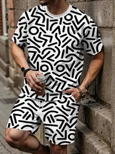 Men's Abstract Geometric Print Casual Set, Artistic Short Sleeve and Shorts Two-Piece, Daily/commute/streetwear Fashion