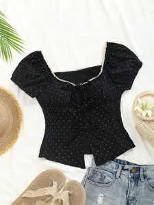 Fashion Women's Polka Dot Top Summer New Short Sleeve Dress, Slim-Fitting All over Print, Stylish Ladies' Clothing for Warm Weather