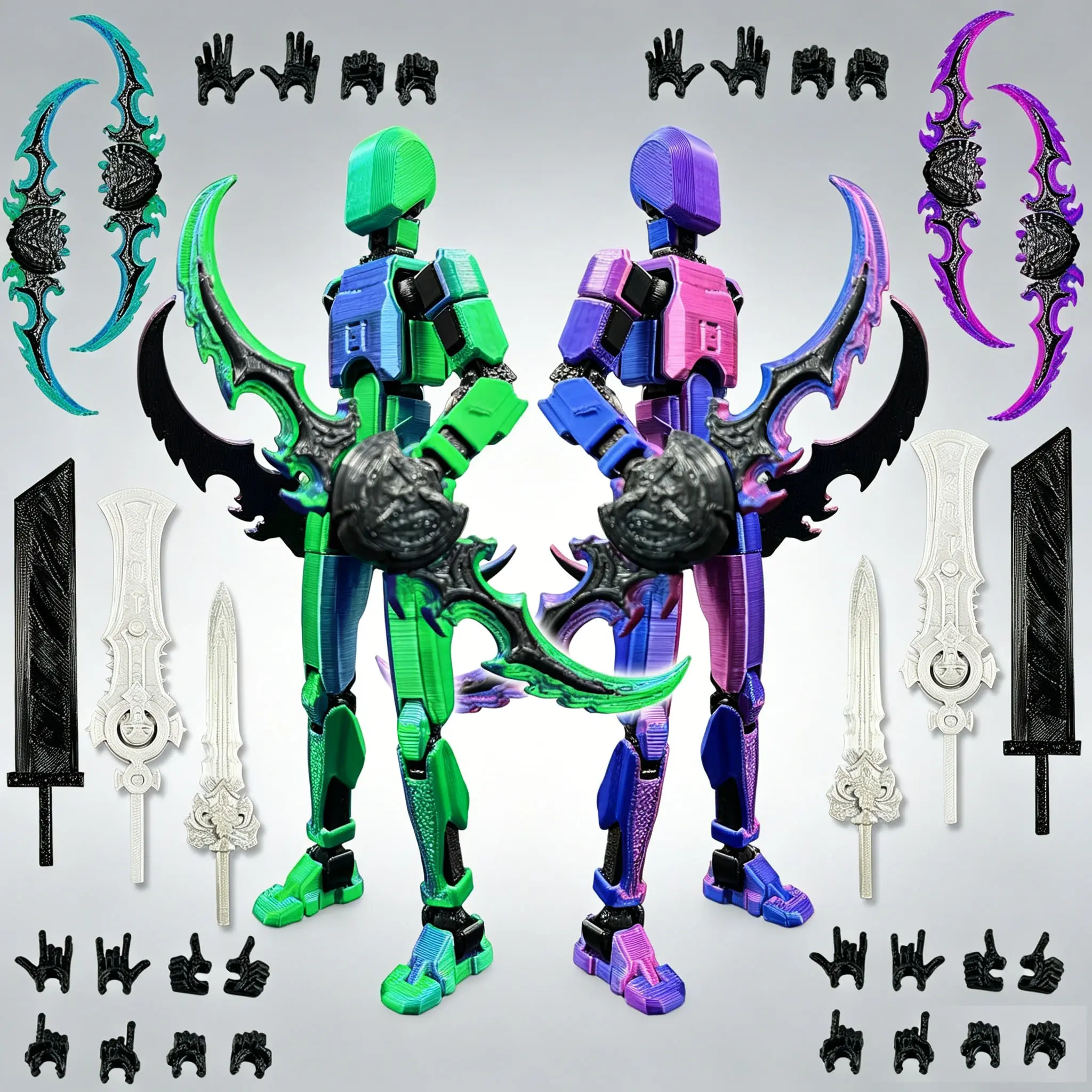 2-Pack Collectible Articulated Model T13 Jointed Articulating Figurines Set, 3D-Printed Craftsmanship Robot Toys with Dual Swords, Posable Bodies, Custom Hands, Weapons, Matte Scratch Guard - DIY Specialty Supplies for Adult Enthusiasts