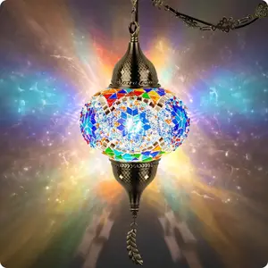 Yarra-Decor Turkish Moroccan Pendant Hanging Light with 15feet Cord Tiffany Style Mosaic Ceiling Lamp for Bedroom Blue Crystal North American Plug Decorative Lighting Home Lighting Led Lighted