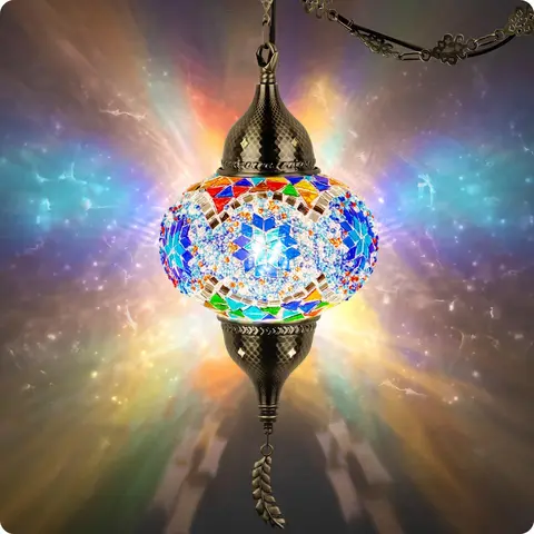 Yarra-Decor Turkish Moroccan Pendant Hanging Light with 15feet Cord Tiffany Style Mosaic Ceiling Lamp for Bedroom Blue Crystal North American Plug Decorative Lighting Home Lighting Led Lighted Easter gifts Aurora Projector Lamp Bedside Lamp tiktokshopspri