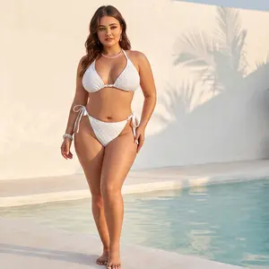 Large size bikini swimsuit women's solid color big chest sexy jacquard three-point halter split swimsuit bikini  bathing suits for the summer