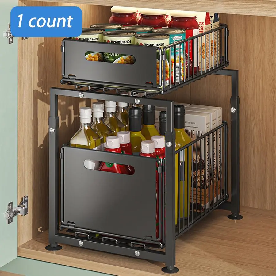 Pull Out Drawer Organizer, 1 Count Adjustable Height Cabinet Organizer, Slide Out Drawer Organizer, No Drill Pullout Cabinet Organizer, Home Organizer, Cupboard Organiser, Adjustable Storage