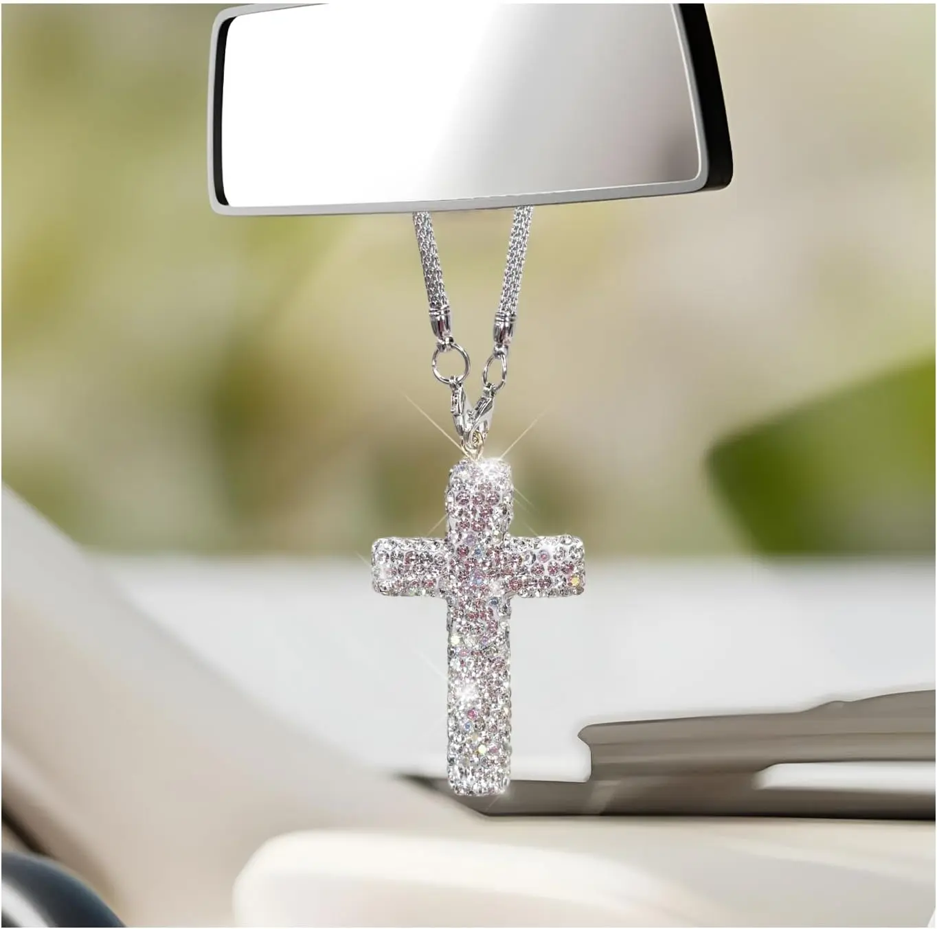 Bling  Hanging Ornament,  Rhinestone Cross Pendant Rearview Mirror Hanging Accessories, Sparkling Religious Charm  Interior Decoration for Women Men ()