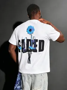 "FADED DREAMS" Gradient Floral Minimalist T-shirt - White, minimalist vibe  Bold slogan + blue-purple gradient flowers, heavyweight cotton fabric, loose dropped shoulders. A must-have for minimalist and art style enthusiasts.# Minimalist Street Style