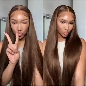 Shewell Wig 4#Brown Straight Hair  100% Human Hair Pre-cut Lace, Glue-less Full Wig,wigs human hair,glueless wigs ready to wear, Front Lace human hair wig，Beginner-friendly