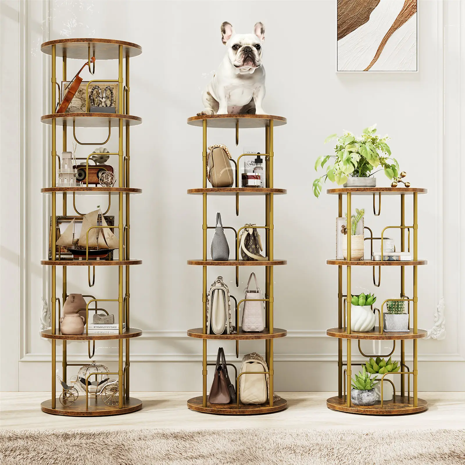 Flycity Rotating Bookshelf,3 Tier -5 Tier Spinning Bookshelf Tower,360° Display Unique Round Bookcase,Floor Standing Corner Revolving Bookshelf Storag