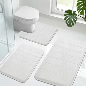 Neween 3 Piece Memory Foam Bath Mat Set - Thick Cushioned Soft Fabric Bathroom Rugs, Non-Slip Absorbent & Quick Dry Bath Mats for Bathroom Floor, Includes Large, Small and U-Shaped Toilet Rug (White) bathroom decor set