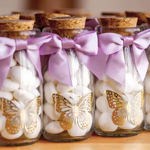 Butterfly Glass Bottles for Baby Showers and Birthday Party Favors with Thank You Stickers and Purple Bows for Table Centerpieces Gifts