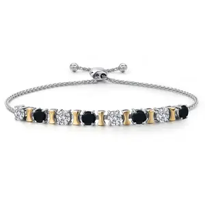 Gem Stone King 925 Silver and 10K Yellow Gold Lab Grown Diamond and Black Onyx Bracelet For Women | 1.96 Cttw | Gemstone April Birthstone | Round 4MM | Adjustable up to 9 Inch