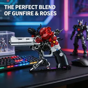 Guns & Petals Gothic Rose Revolver Building Kit (631PCS) - Silver & Black Metal-Art Sculpture with Red Roses, Thorns & Vines, Dark Botanical Block Set for Gothic Fans & Collectors, Ideal Christmas Gift & Home Decor for Girls Teens Floral Beauty