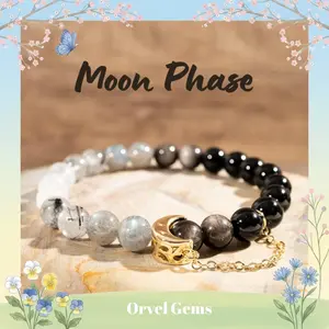 MOON PHASE Bracelet – Natural Gemstones Moonstone, Labradorite, Black Tourmaline, Silver Sheen Obsidian, Tourmalinated Quartz – Crescent Moon Celestial Jewelry for Protection & Full Moon Vibes
