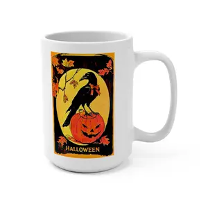 Retro Halloween Ceramic Coffee Mug with Raven, Jack-O-Lantern, and Corvid Designs, 15oz