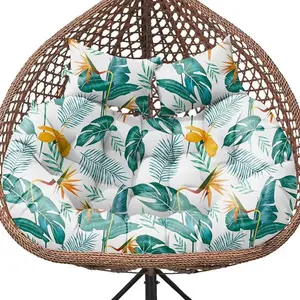 Waterproof replacement cushion for double egg chair hanging baskets on outdoor patios; thickened 100% cotton large double egg swing chair cushions, 59 x 43 inches, yellow-green leaf pattern.