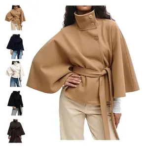 Women's Batwing Sleeve Poncho Coat Oversized Winter Pea Coat Stand Collar Cropped Cape Jacket with Belt for Chilly Days Khak(Sheets)