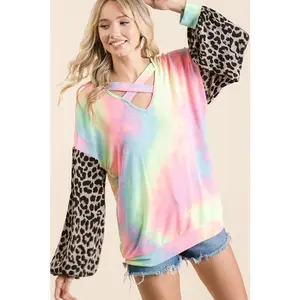 BiBi Tie Dye Terry Top with Leopard Puff Sleeves