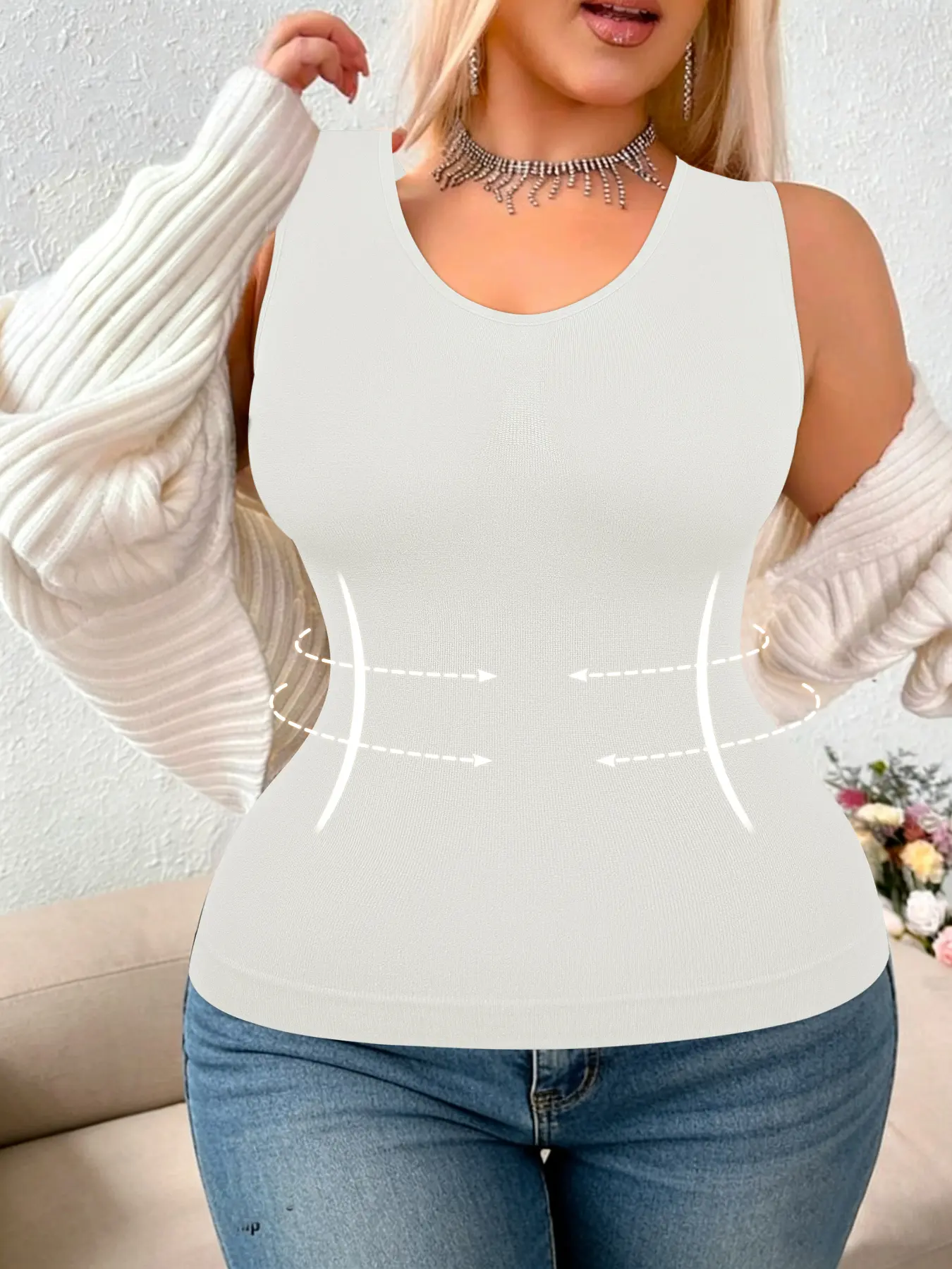 Women's Plus Size (2XL, 3XL) Knit Seamless Shaper Tank Top - Unpadded Cami, Tummy Control Flat Belly Cincher, Waist Slimming Waist Training, 360 Surround Shaping, Breast Push-Up, Butt Lift, Lightweight Summer Design, Casual Shapewear Top, Solid, Mid Waist
