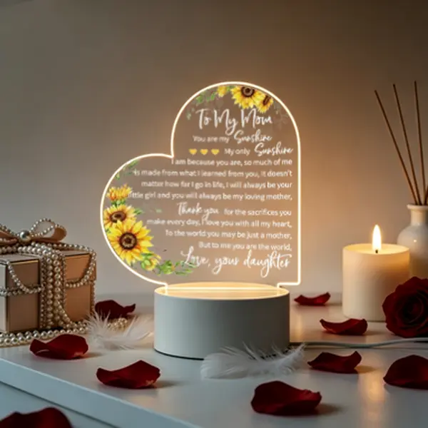 Custom Engraved Sunflower Acrylic LED Heart Shape Light - USB-Powered Ambient Glow Decorative Atmosphere Lamp, Mothers' Love in Sunflowers Nightstand Gift