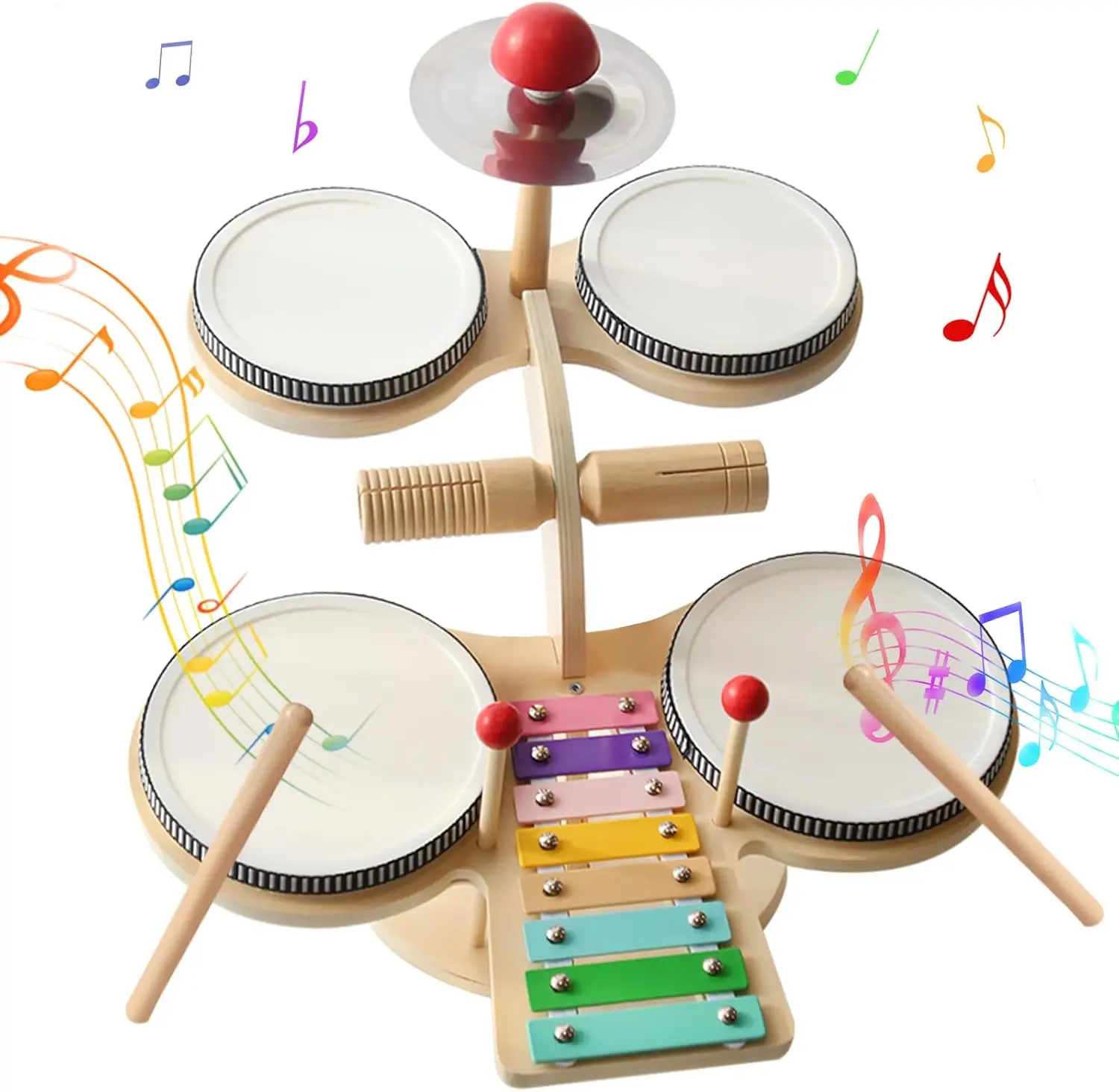 Wooden musical instruments suitable for children aged 1-3, percussion instrument baby drum set xylophone, Montessori educational music toys, gifts for girls and boys aged 3 and up.