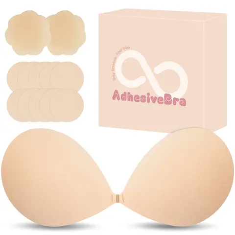 Women's Bridal Strapless Push-Up Adhesive Bra - Invisible, Backless, All-Day Sticky, Reusable, Seamless for Smooth Lines, Rinsing-Friendly, with Nipple Covers Pasties, Ideal for Proms