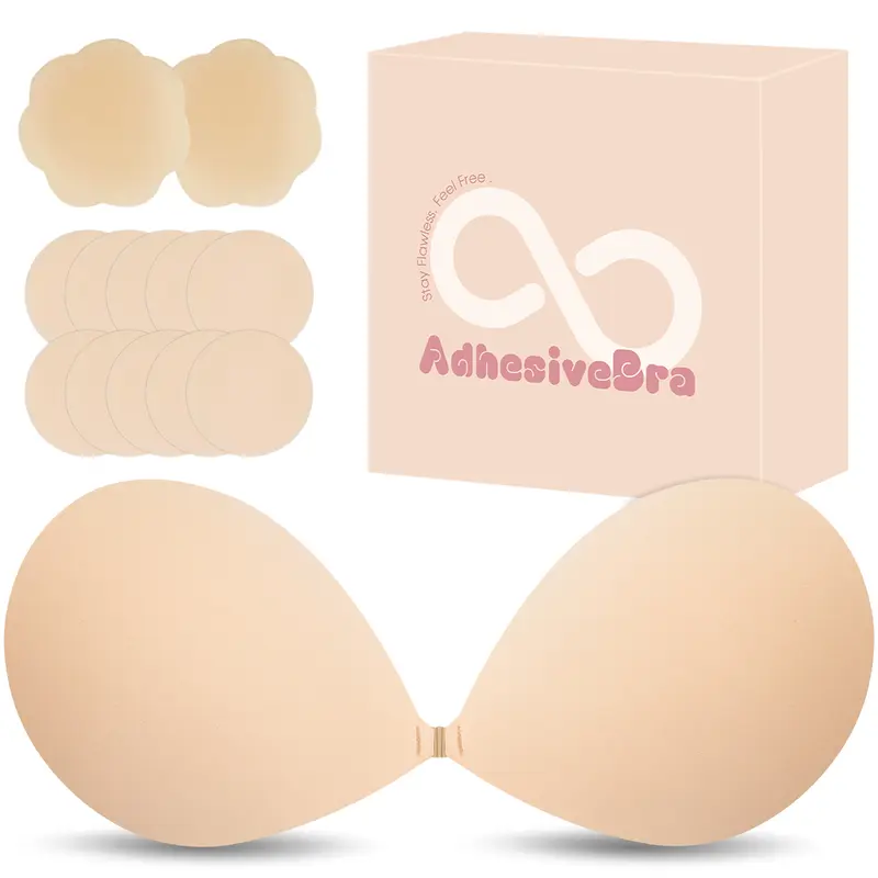 Women's Bridal Strapless Push-Up Adhesive Bra - Invisible, Backless, All-Day Sticky, Reusable, Seamless for Smooth Lines, Rinsing-Friendly, with Nipple Covers Pasties, Ideal for Proms