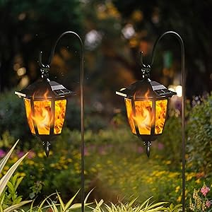 2 Pack Solar Flame Hanging Lights Outdoor, Halloween Solar Flickering Flame LED Garden Lanterns with 2 x 38 Inch Shepherd Hooks, Christmas Lighting for Lawn Patio Yard Pathway Driveway 2 Pack Solar Flame Hanging Lights Outdoor, Halloween Solar Flickering Flame LED Garden Lanterns with 2 x 38 Inch Shepherd Hooks, Christmas Lighting for Lawn Patio Yard Pathway Driveway