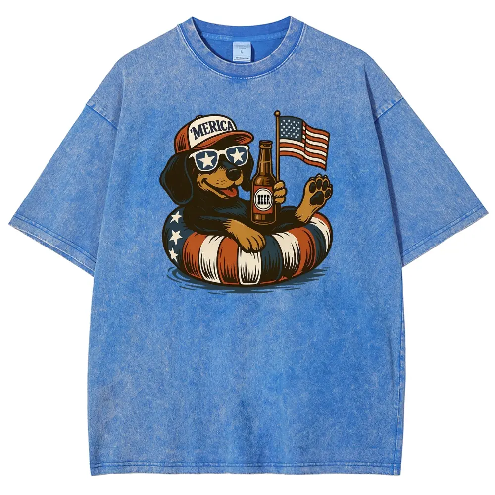 Men's Streetwear Graphic T-Shirt, Patriotic 4th of July Dachshund 'Merica Top, Oversized Casual Menswear in Heavyweight Washed Cotton, Tshirt, Round Neck, Short
