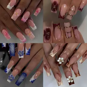 96pcs Long Square Gold Edge Polka Dot French Flower Press-On Nails, Perfect Fit Acrylic False Nail Set for Parties Dance Daily Wear