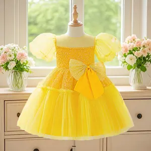 6033 Orange puff sleeve dress for girls sequined princess dress elegant dress for birthday party piano concert wedding