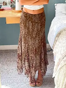 Vintage Bohemian Style Slim Fit Low Waist Maxi Skirt, Walnut Flower Pattern Print Floral Mesh Ruched Irregular Hem, Women's Vacation Wear, Boho Beach Skirt, Womenswear
