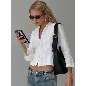 Taelynn 3/4 Sleeve Button Up Shirt White