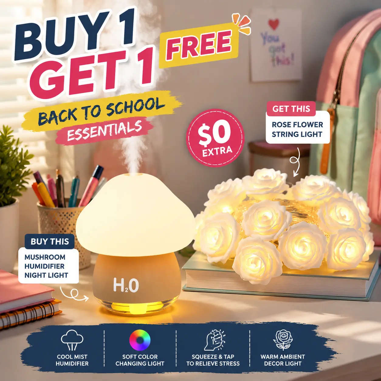 【Includes a Free Mini Flower Light】Mushroom Night Light Humidifier, 7 Color Changing Tap Lamp, Soft Silicone Touch Light, Cool Mist Humidifier for Bedroom, Bedside & Desk, Mini Flower Light Included