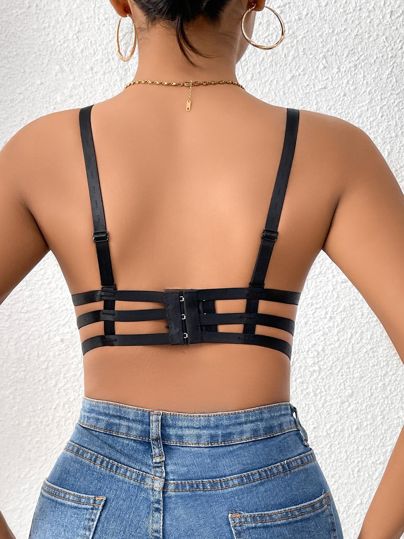 Sexy Push Up Bra for Women, Black Deep V Bralette with Strappy Back Design, Wireless Lace-Up Supportive Bra for Club & Party Outfits