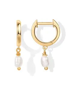 PAVOI 14K Gold Plated 925 Sterling Silver Post Huggie With Dangle - Small Gold Hinged Hoop Earrings For Women - Trendy Hoop CZ Huggie Earrings