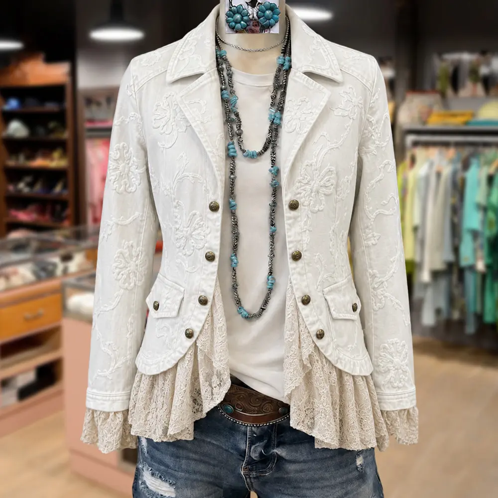 Cherrybetty 100%Cotton Elegant Flower Embroidered Lace Patch Cotton Jacket Casual Womenswear Coats Long Sleeve Outerwear