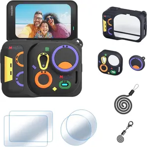 Silicone Protective Case for Insta360 GO Ultra, Shockproof Full Body Cover with 2Pcs HD Tempered Glass Screen Protectors, 2 Lens Films & Lanyard, Anti-Scratch Camera Accessories Black