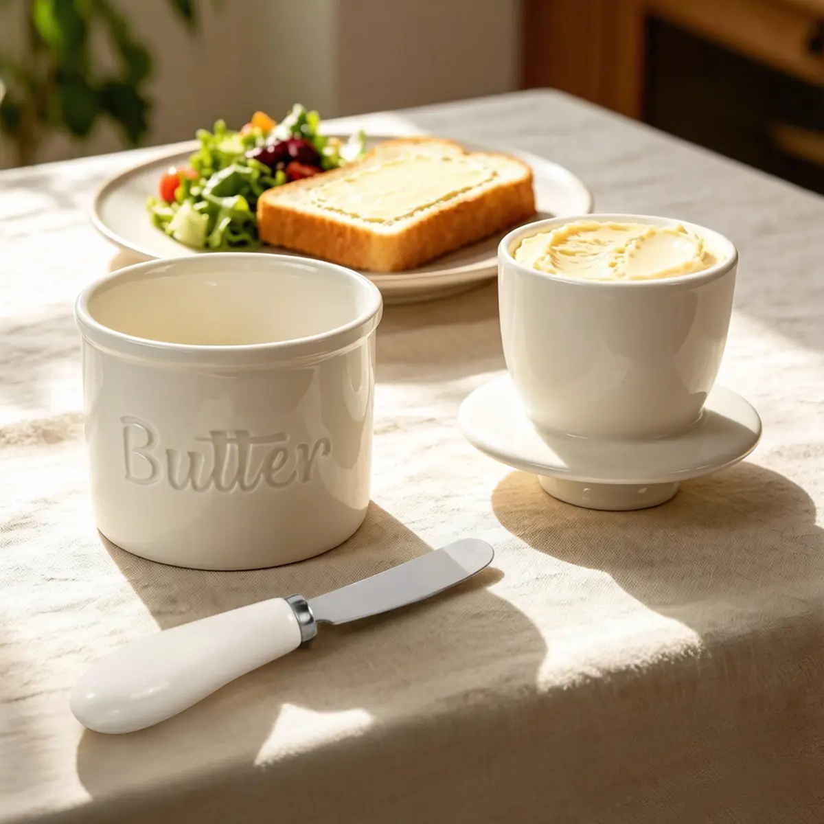 Ceramic Butter Crock with Butter Knife, French Butter Keeper Dish, No Refrigeration Required, Fresh Soft Spreadable Butter Container for Kitchen Countertop, White Butter Storage Jar