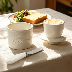 Ceramic Butter Crock with Butter Knife, French Butter Keeper Dish, No Refrigeration Required, Fresh Soft Spreadable Butter Container for Kitchen Countertop, White Butter Storage Jar