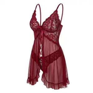 Women's Sexy Ruffle Trim Cami Nightdress & Bow Decor Panty Set, Comfortable Playful Floral Lace Sheer Sleepwear Set, Glamour Lingerie Set