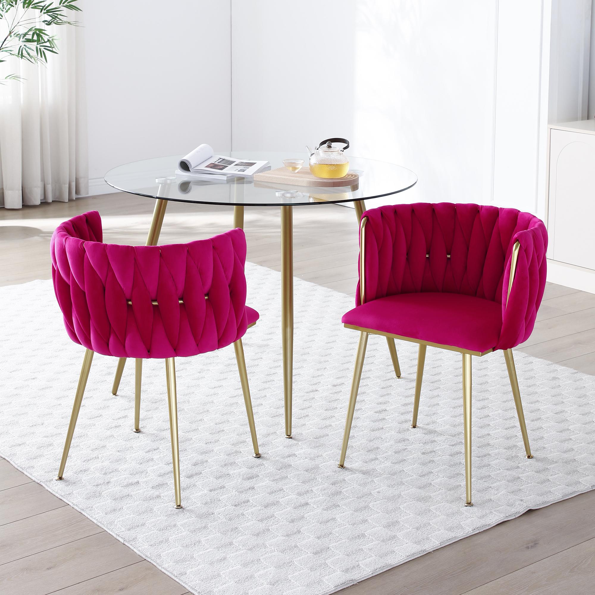 Eyisean 28" H Velvet Modern Dining Chairs Set of 2, Luxury Upholstered Side Chair with Curved Woven Backrest, Durable Accent Chair with Golden Metal Legs, Easy Assembly for Dining Room, Kitchen, Living Room