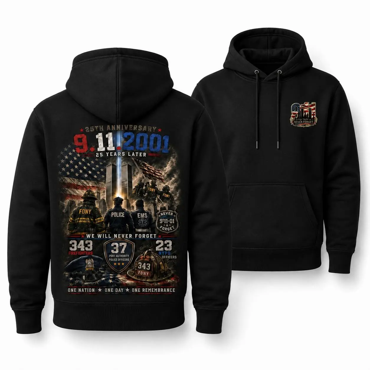 [MADE IN US] 911 First Responders 25th Anniversary Hoodie, FDNY Police EMS 343 Memorial Twin Towers And American Flag Graphic, Remembrance Gift For Firefighters Officers And Patriots Classic Cotton