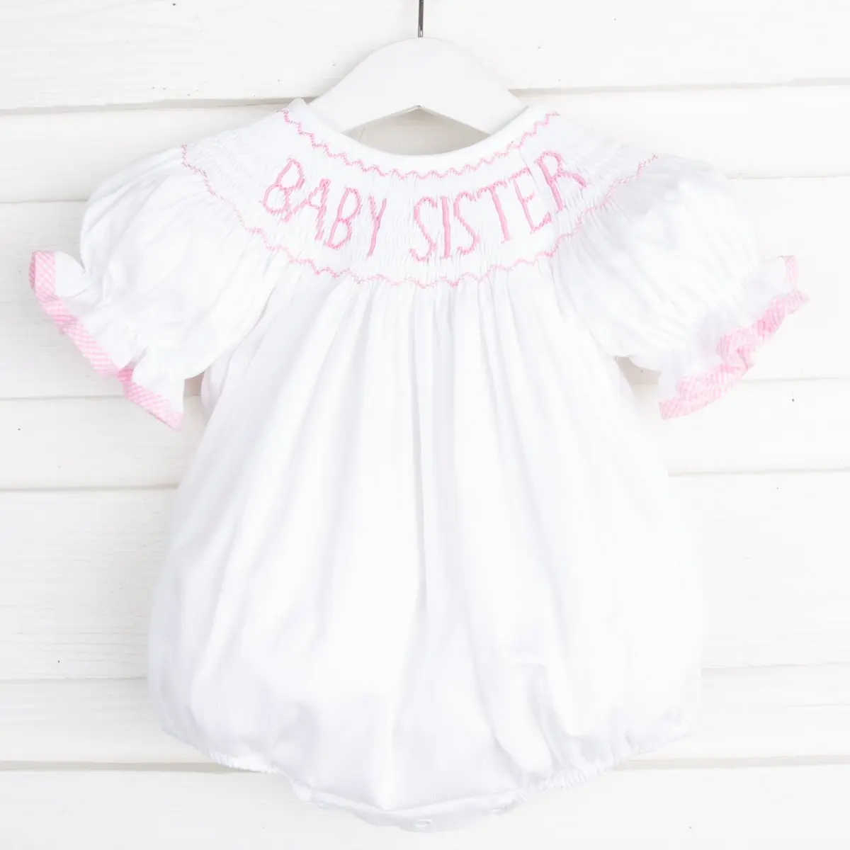 Baby Sister Smocked White Bubble with Pink - New Baby Portrait Outfit for Little Sister