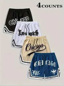 4 Pack Men's Streetwear Shorts | Chicago Los Angeles Gothic Graphic Basketball Shorts | Striped Workout Gym Athletic Shorts | Casual Hip Hop Urban Summer Outfits