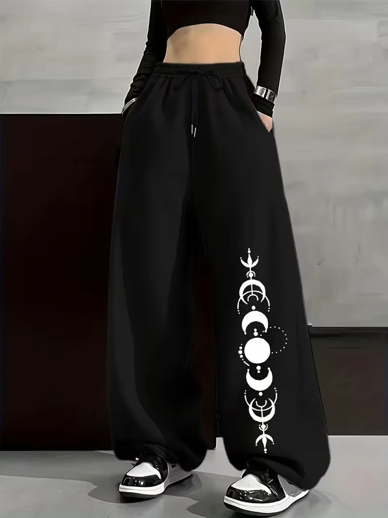 Women's High Waisted Wide Leg Loose Sport Pants, Star Moon Print, Casual Long Pants for All Seasons, Y2K Style, Comfortable Home Wear, Casual Streetwear Bottoms
