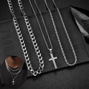 [MANA] 3PCS Multi-layer Men's 304L Stainless Steel Cross Pendant Necklace Set Hip-Hop Punk Cuban Twist Chain Stackable Retro Chunky Chain Vacation Dating Gift Daily Street Matching Jewelry Valentine's Day Gift