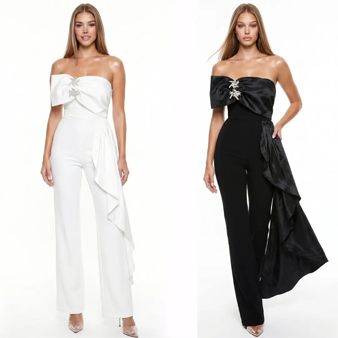 One Shoulder Drape Rhinestone Embellished Jumpsuit