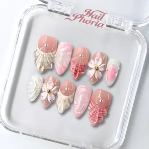 NailPhoria SEASHELL BLOSSOM - Handmade Press-On Nails | Reusable, Salon-Quality, Long-Lasting, Glossy Design