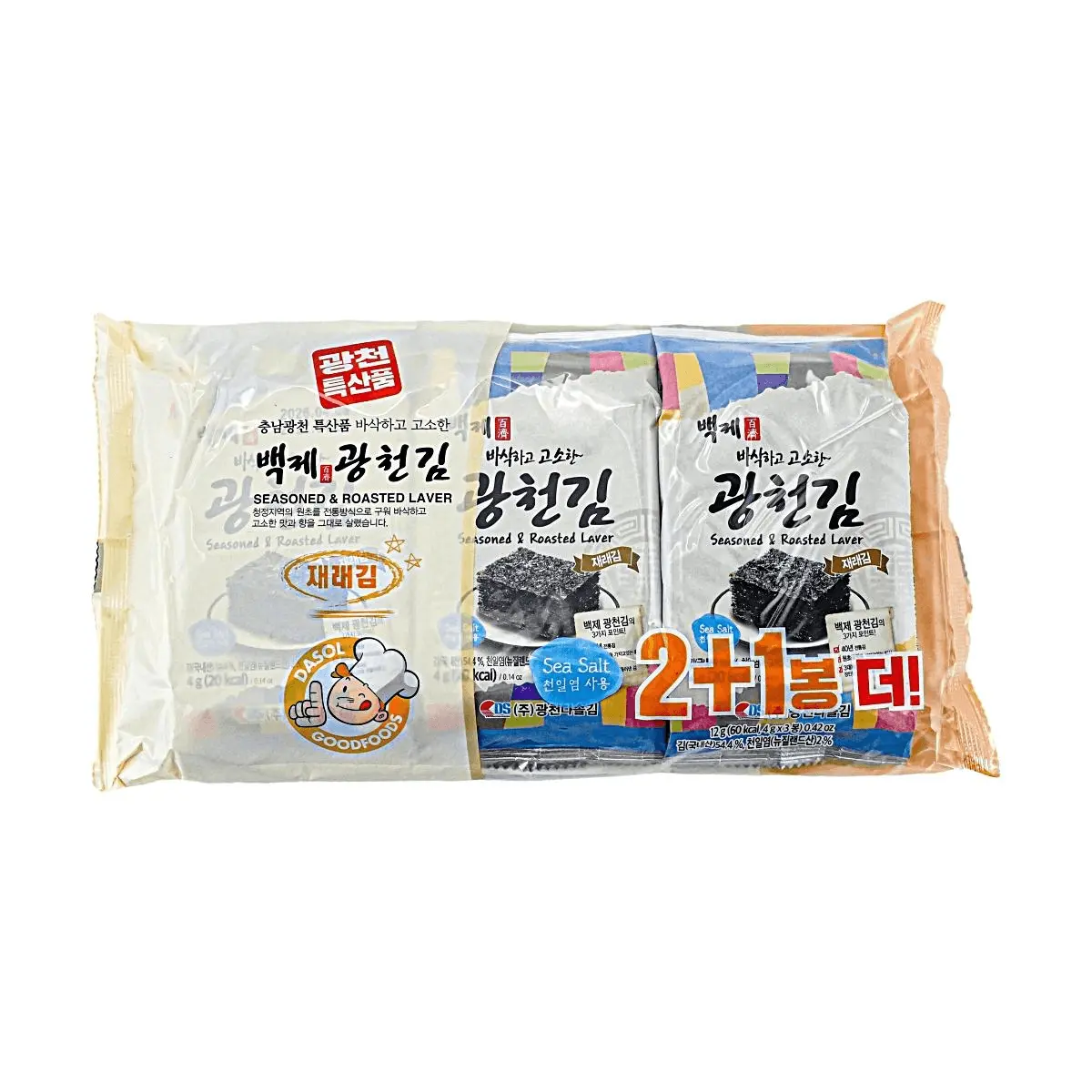 BAKJAE Korean Roasted Seaweed Snack - Sea Salt Flavor, 3 Packs (12g Each) - Crispy Gim for Snacking