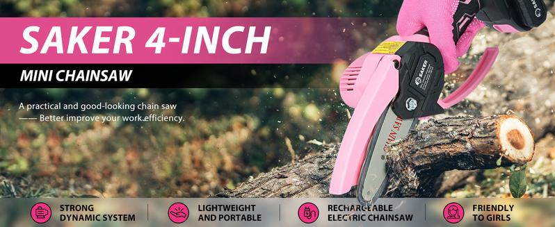 Saker Mini Chainsaw - Portable Electric Pink Handheld Chainsaw for Trees, Yards, Homes and Gardens